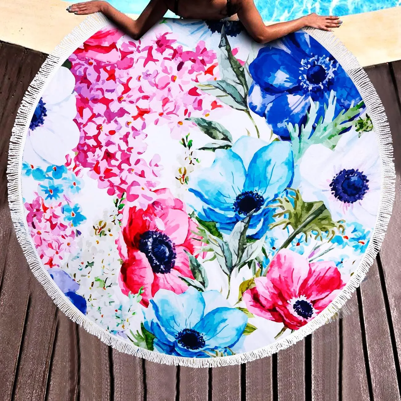 Benefeet Sox Beach Towel Large Round Beach Blanket Microfiber Quick Dry Beach Towels Tassels Throw Bohemian Roundie Swim Pool Circle Towel, 59 Inches-Multi Flowers