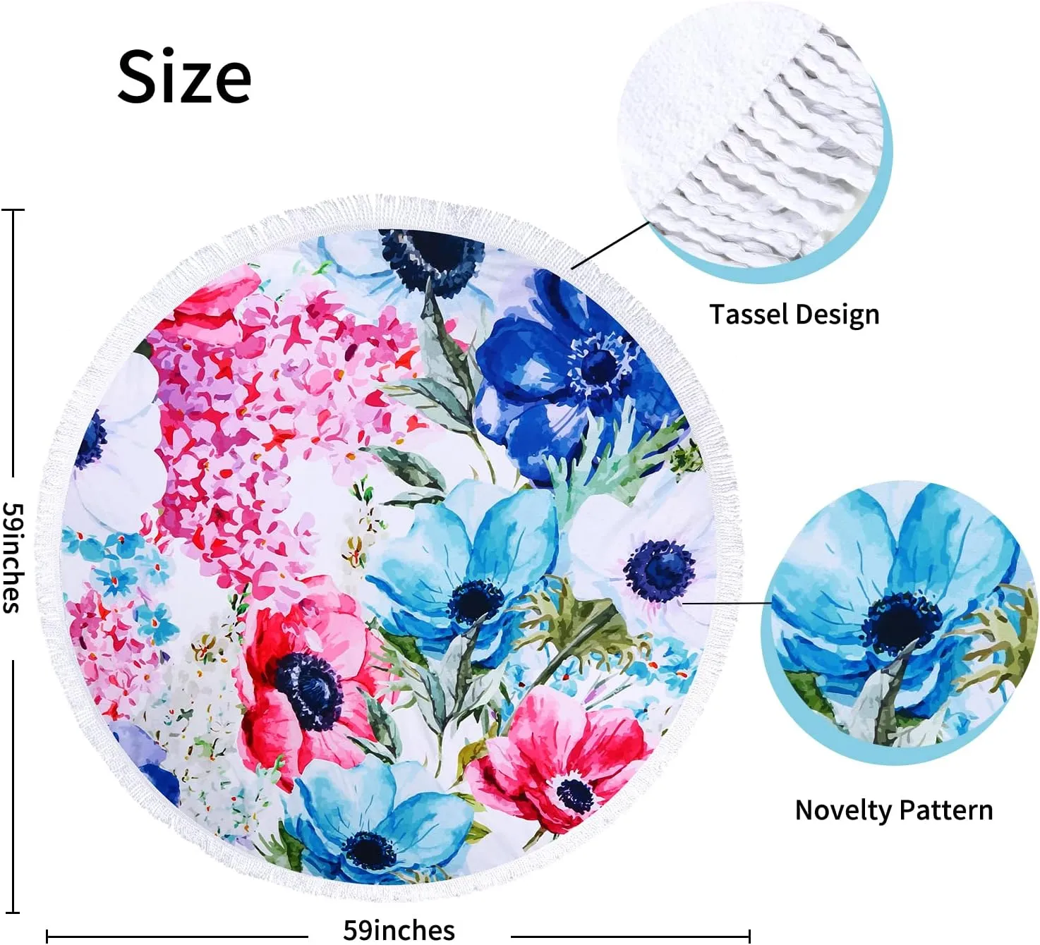 Benefeet Sox Beach Towel Large Round Beach Blanket Microfiber Quick Dry Beach Towels Tassels Throw Bohemian Roundie Swim Pool Circle Towel, 59 Inches-Multi Flowers