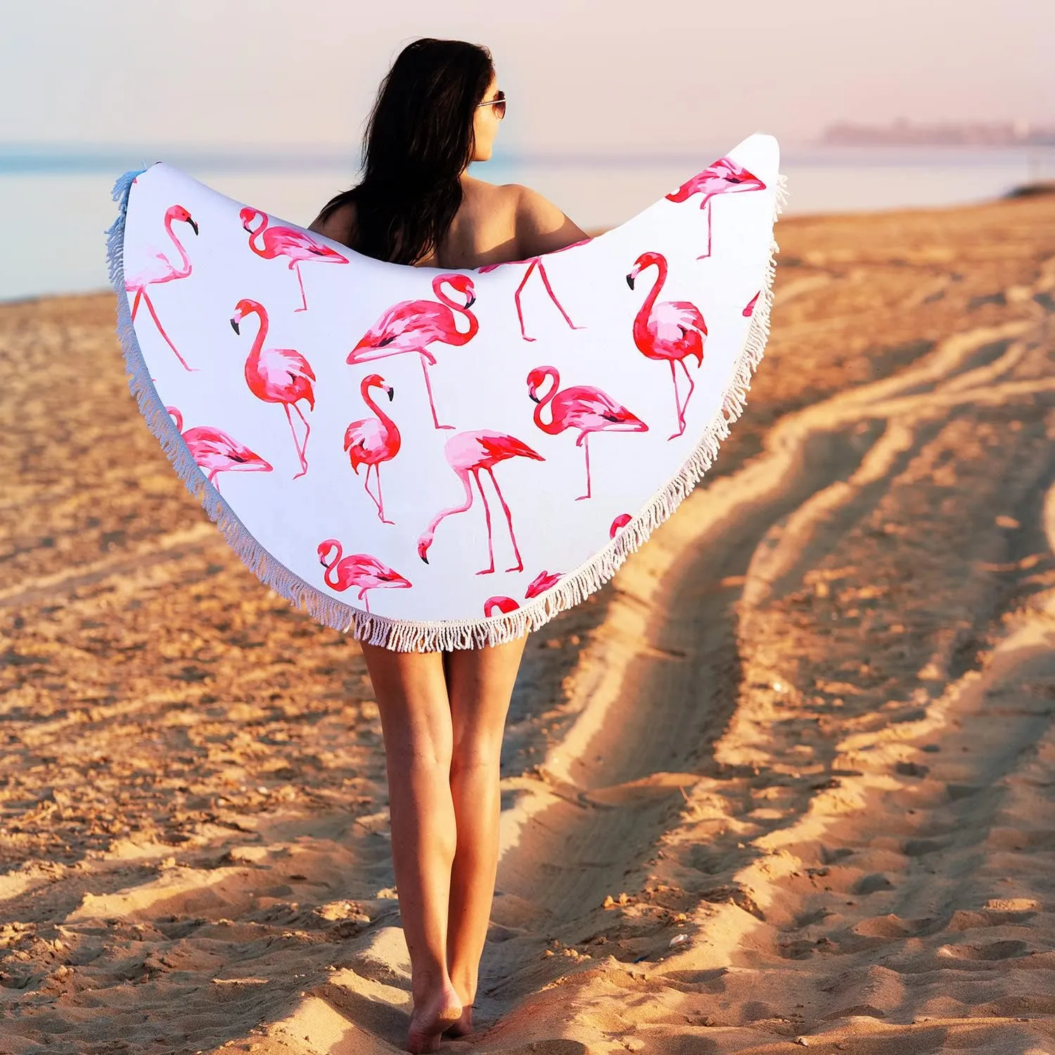 Benefeet Sox Beach Towel Large Round Beach Blanket Microfiber Quick Dry Beach Towels Tassels Throw Bohemian Roundie Swim Pool Circle Towel, 59 InchesPink Flamingo