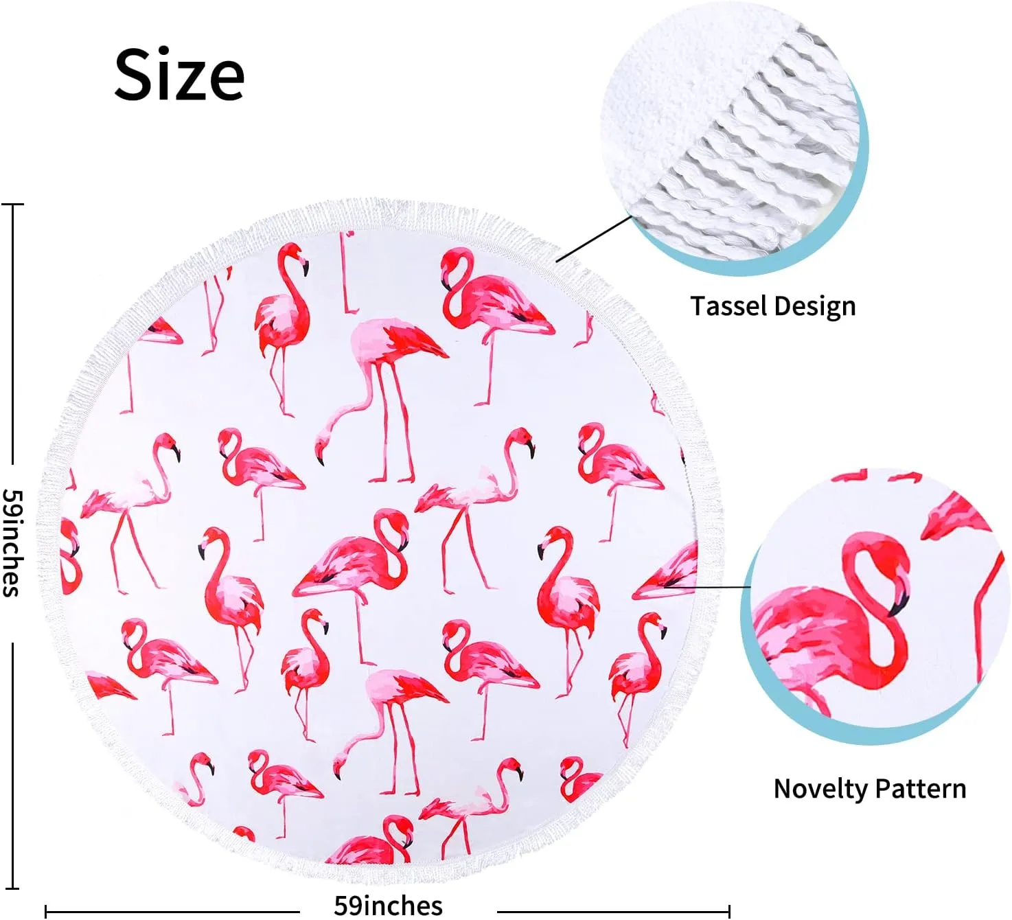 Benefeet Sox Beach Towel Large Round Beach Blanket Microfiber Quick Dry Beach Towels Tassels Throw Bohemian Roundie Swim Pool Circle Towel, 59 InchesPink Flamingo