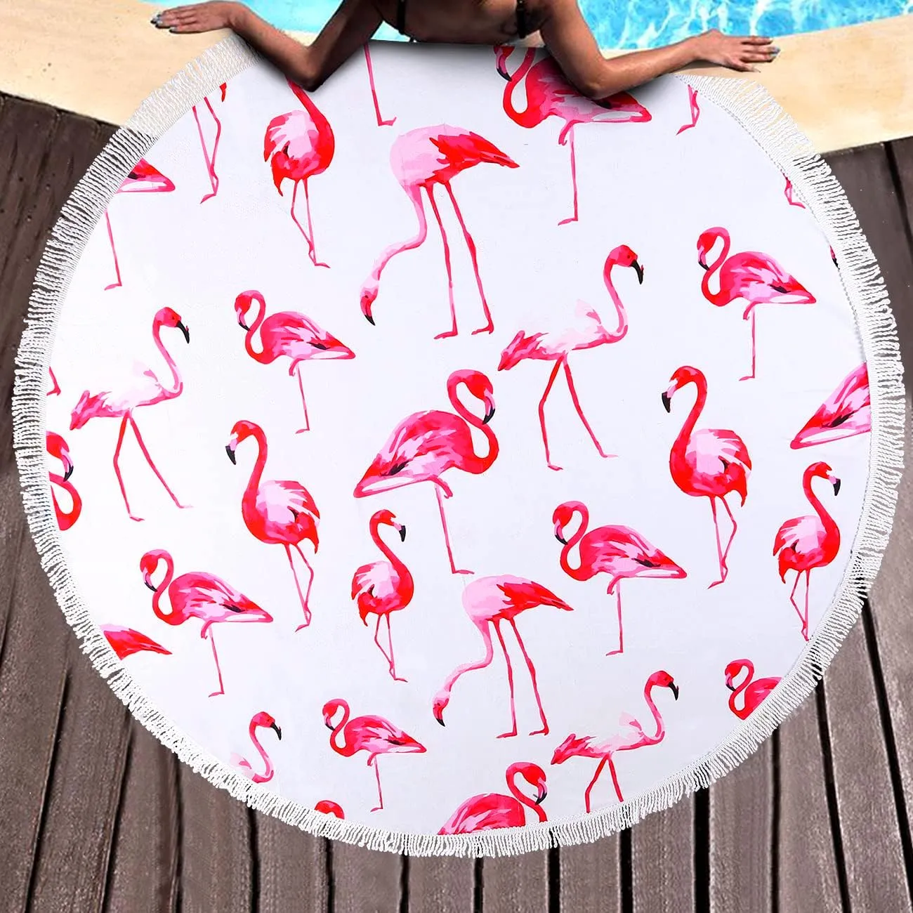Benefeet Sox Beach Towel Large Round Beach Blanket Microfiber Quick Dry Beach Towels Tassels Throw Bohemian Roundie Swim Pool Circle Towel, 59 InchesPink Flamingo