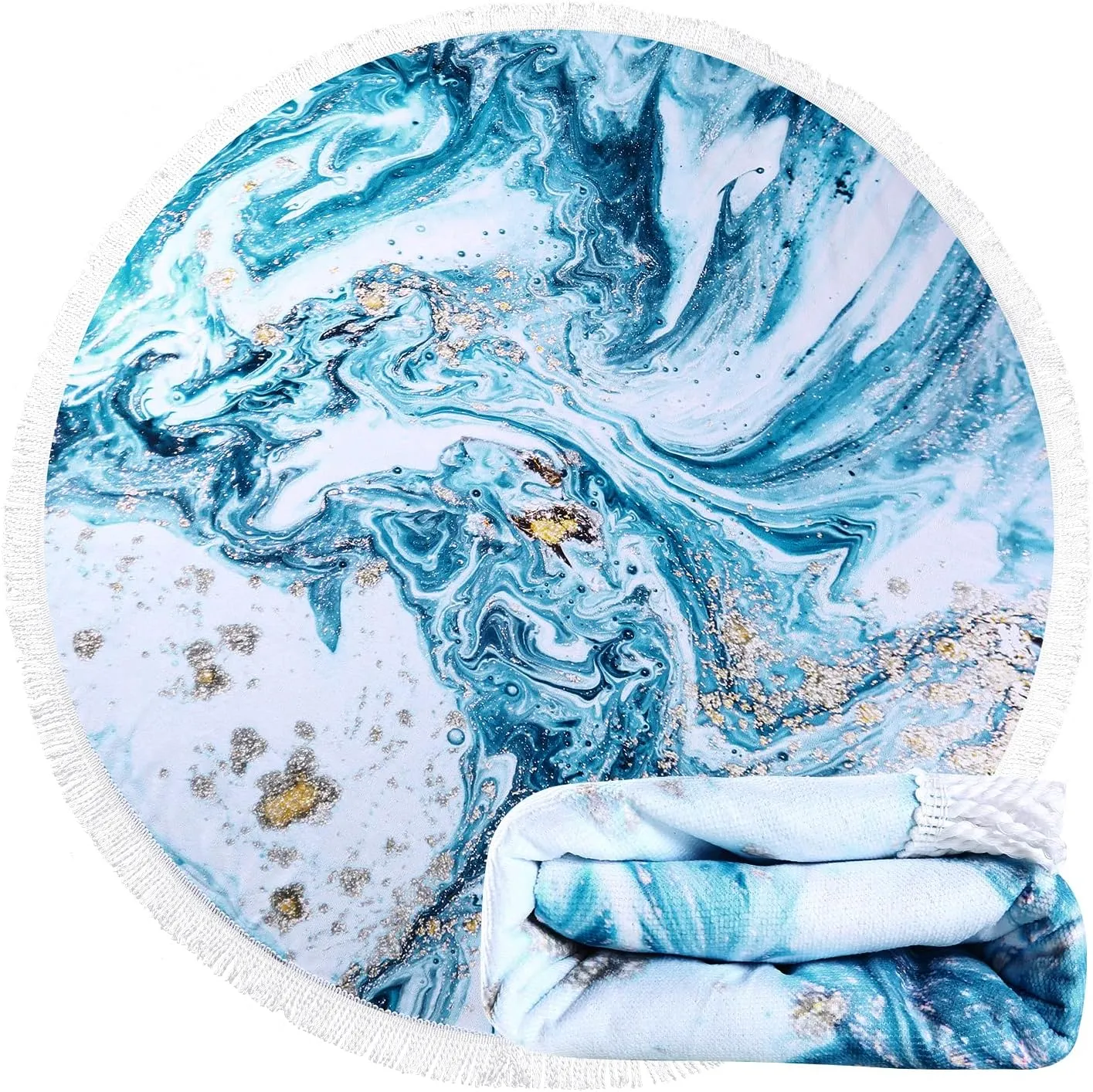 Benefeet Sox Beach Towel Large Round Beach Towels Tassels Microfiber Quick Dry Beach Blanket Throw Bohemian Roundie Swim Pool Circle Towel, 59 Inches Blue Marble