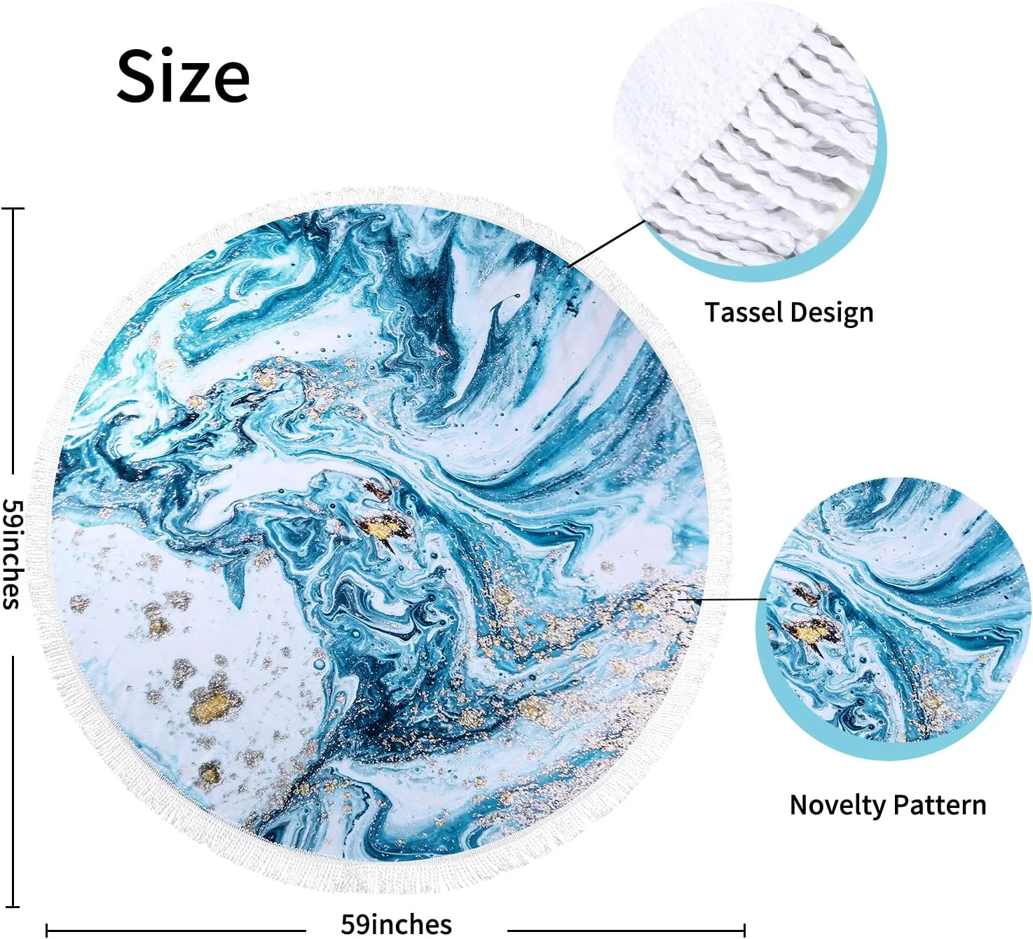 Benefeet Sox Beach Towel Large Round Beach Towels Tassels Microfiber Quick Dry Beach Blanket Throw Bohemian Roundie Swim Pool Circle Towel, 59 Inches Blue Marble