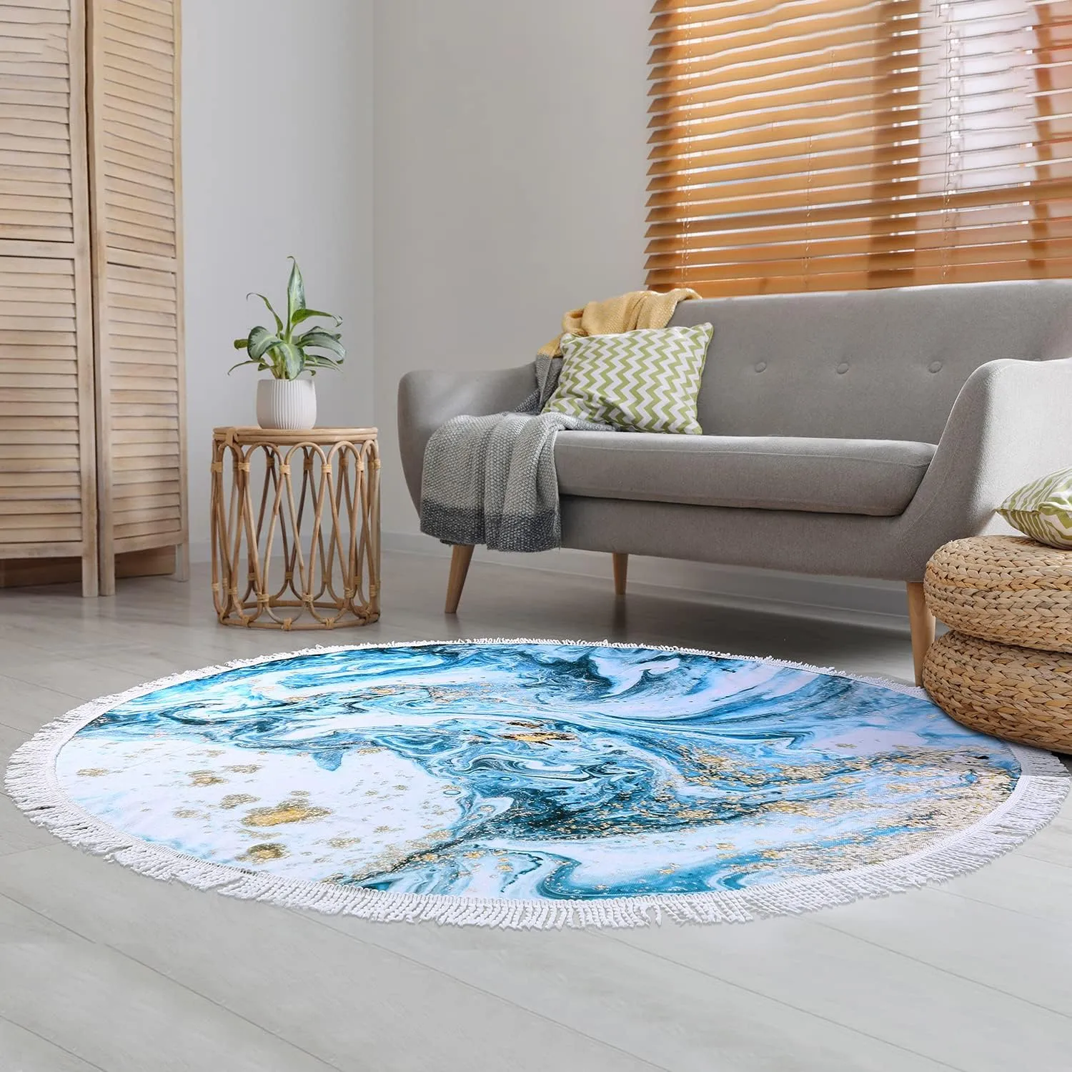 Benefeet Sox Beach Towel Large Round Beach Towels Tassels Microfiber Quick Dry Beach Blanket Throw Bohemian Roundie Swim Pool Circle Towel, 59 Inches Blue Marble