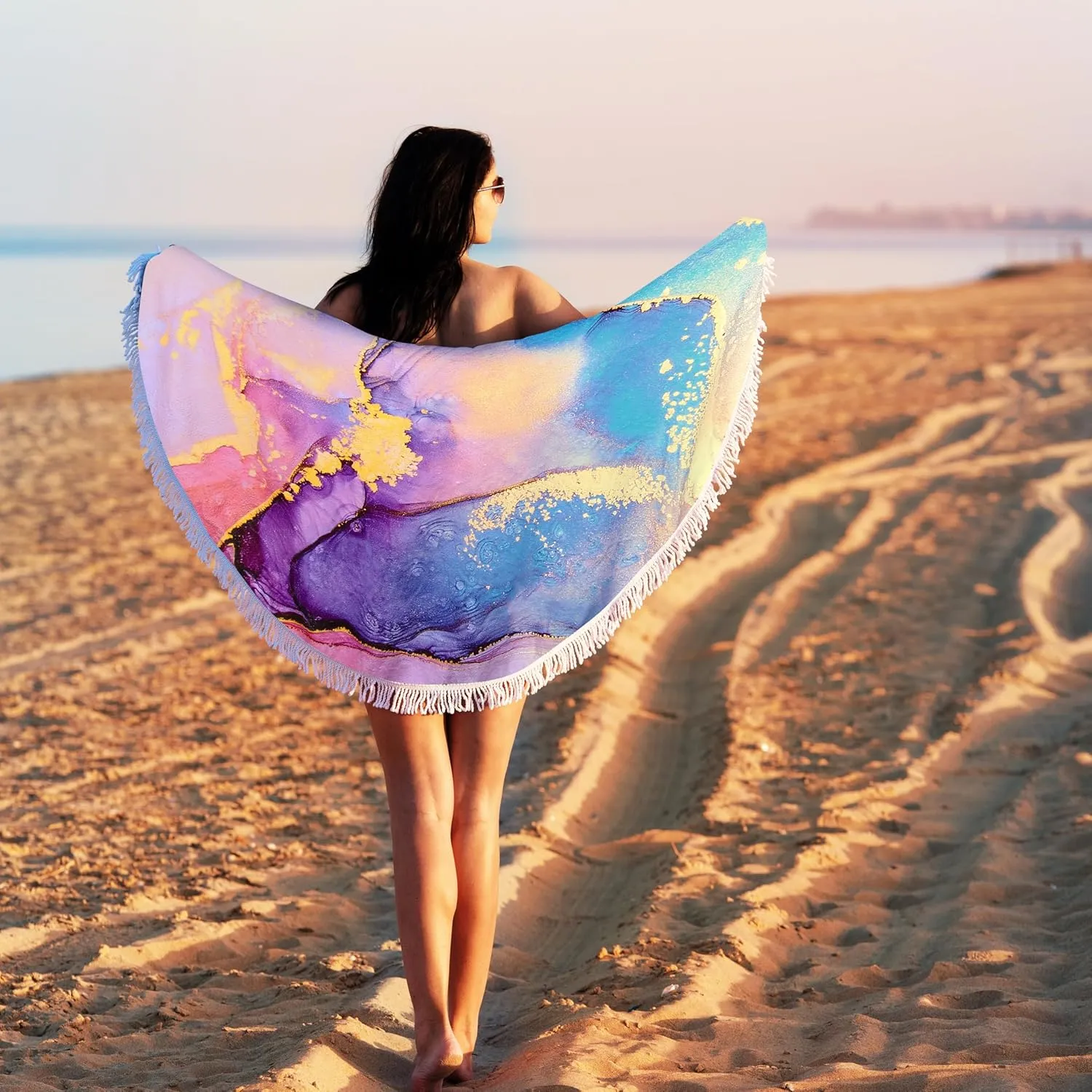 Benefeet Sox Beach Towel Large Round Beach Towels Tassels Microfiber Quick Dry Beach Blanket Throw Bohemian Roundie Swim Pool Circle Towel, 59 Inches Pink Marble