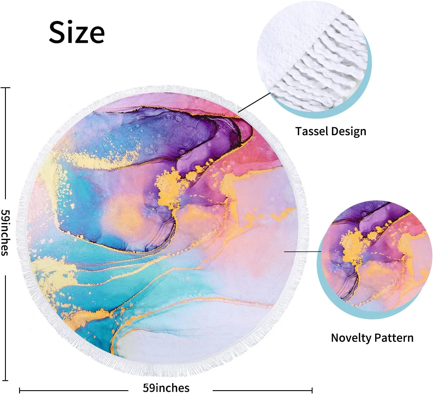 Benefeet Sox Beach Towel Large Round Beach Towels Tassels Microfiber Quick Dry Beach Blanket Throw Bohemian Roundie Swim Pool Circle Towel, 59 Inches Pink Marble