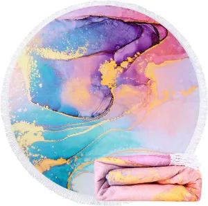 Benefeet Sox Beach Towel Large Round Beach Towels Tassels Microfiber Quick Dry Beach Blanket Throw Bohemian Roundie Swim Pool Circle Towel, 59 Inches Pink Marble