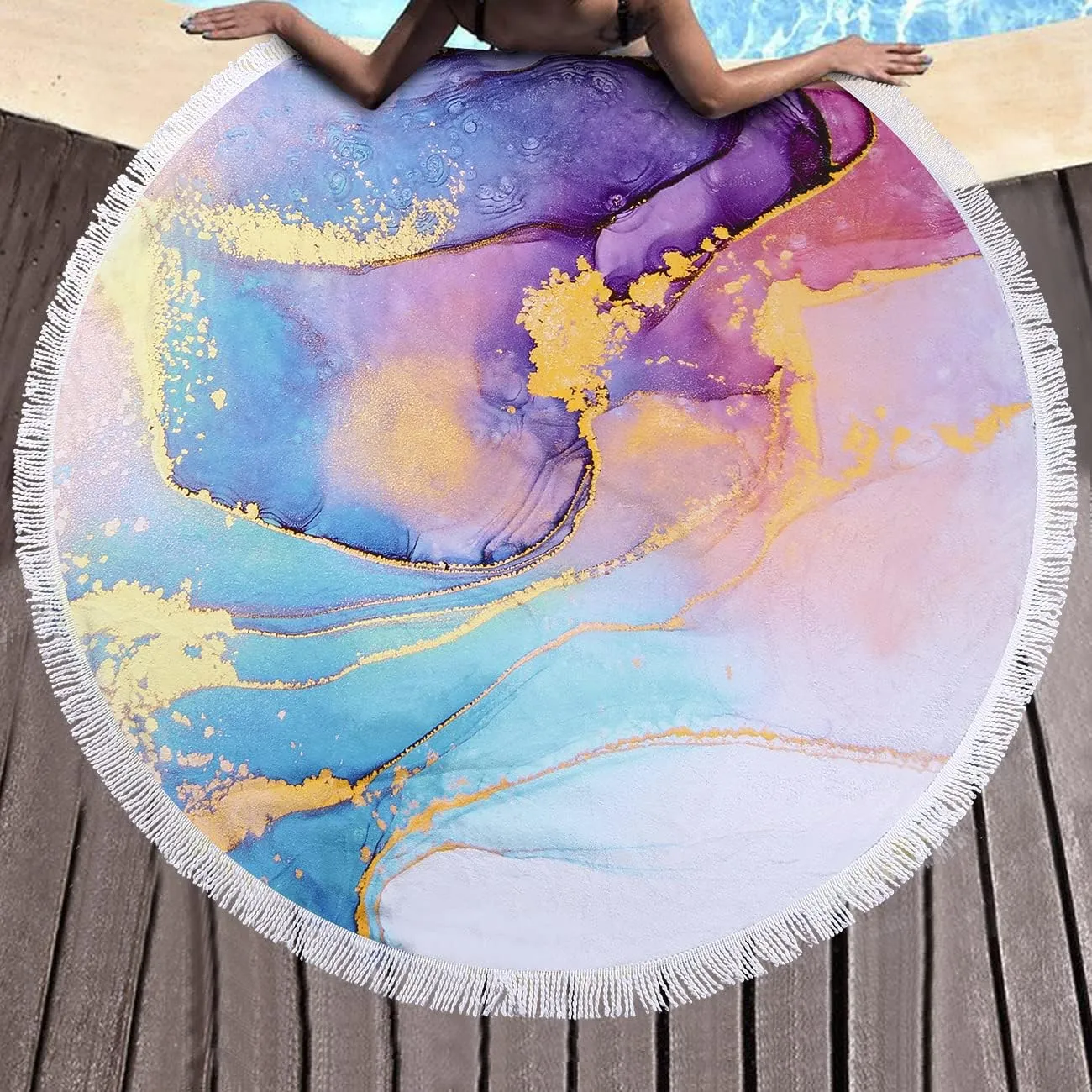 Benefeet Sox Beach Towel Large Round Beach Towels Tassels Microfiber Quick Dry Beach Blanket Throw Bohemian Roundie Swim Pool Circle Towel, 59 Inches Pink Marble