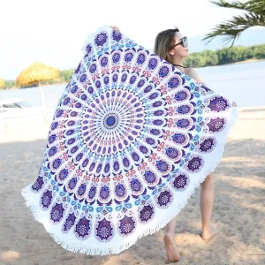 Benefeet Sox Beach Towel Large Round Mandala Beach Towels Tassels Microfiber Quick Dry Beach Blanket Throw Bohemian Roundie Swim Pool Circle Towel, 59 Inches Purple