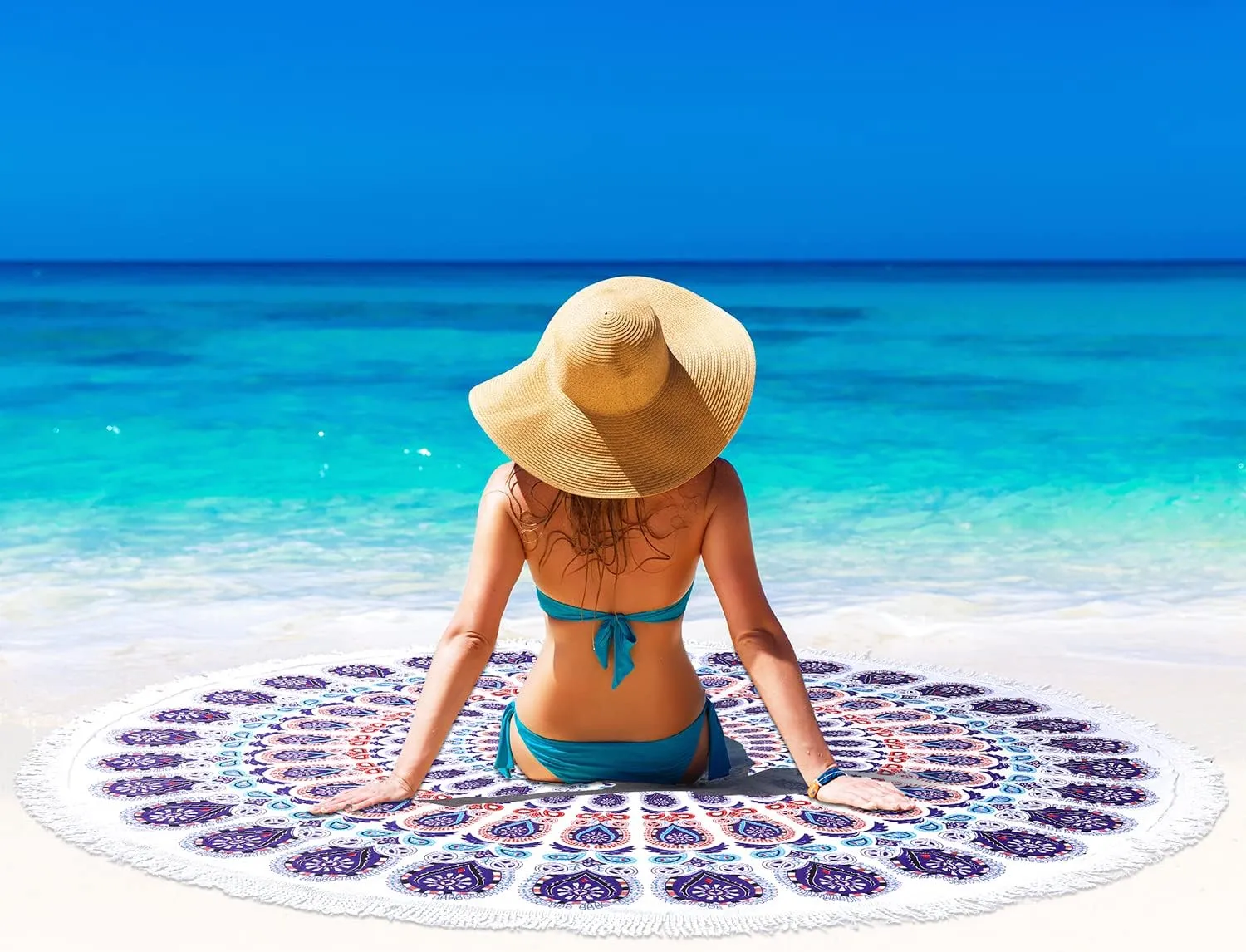 Benefeet Sox Beach Towel Large Round Mandala Beach Towels Tassels Microfiber Quick Dry Beach Blanket Throw Bohemian Roundie Swim Pool Circle Towel, 59 Inches Purple