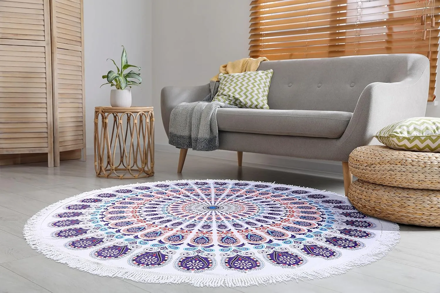 Benefeet Sox Beach Towel Large Round Mandala Beach Towels Tassels Microfiber Quick Dry Beach Blanket Throw Bohemian Roundie Swim Pool Circle Towel, 59 Inches Purple