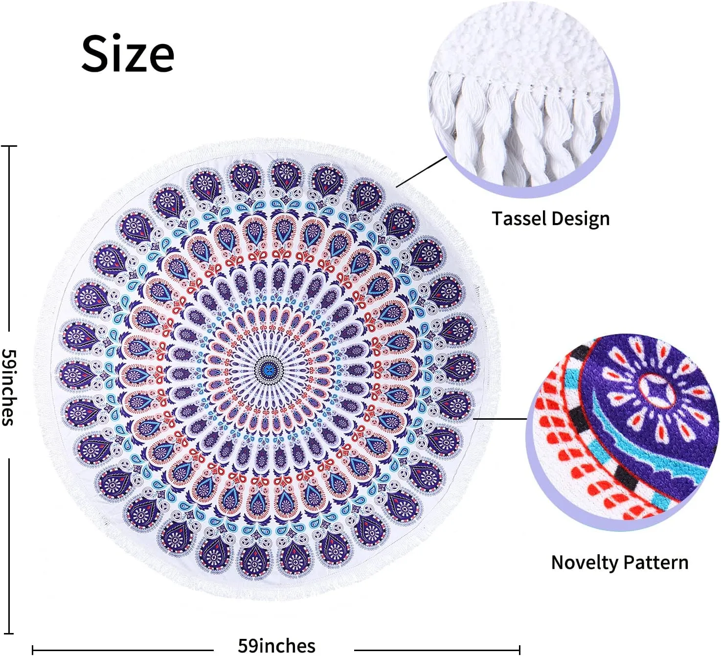 Benefeet Sox Beach Towel Large Round Mandala Beach Towels Tassels Microfiber Quick Dry Beach Blanket Throw Bohemian Roundie Swim Pool Circle Towel, 59 Inches Purple