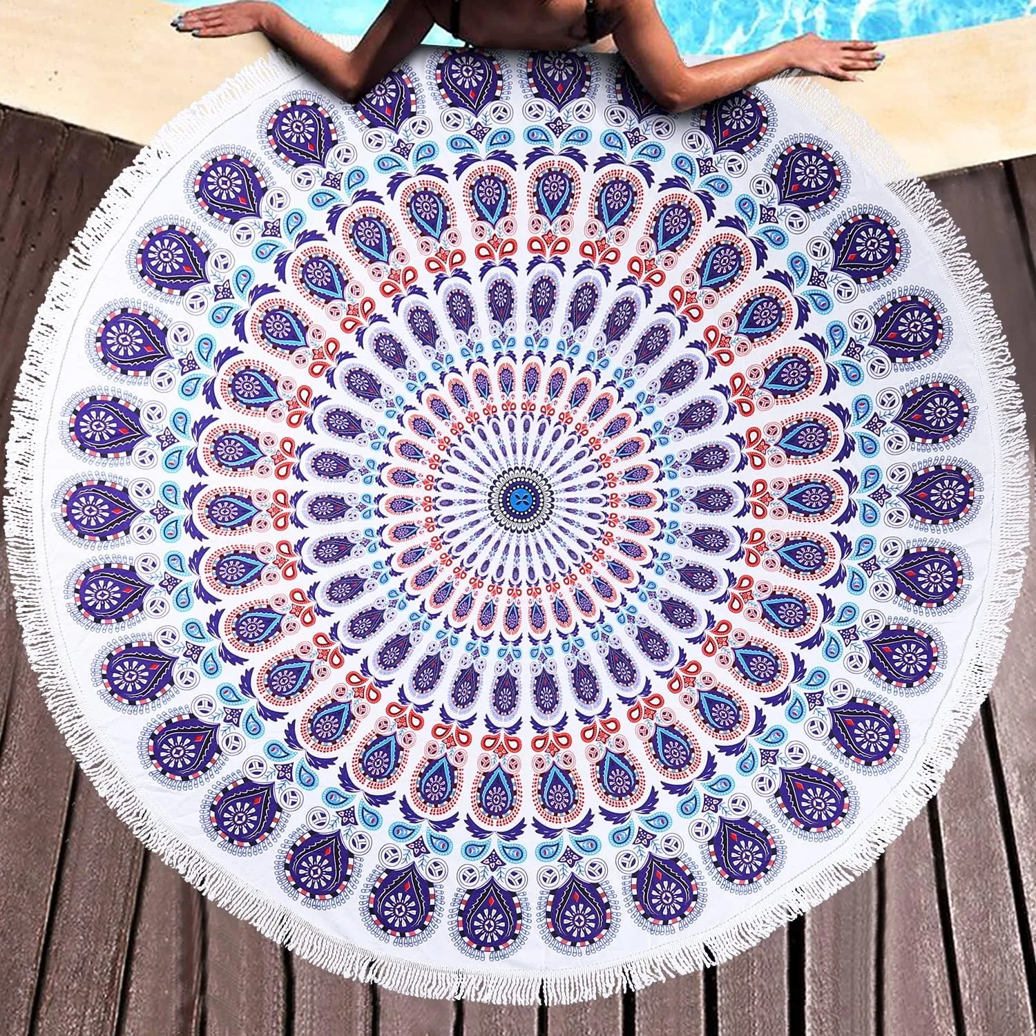 Benefeet Sox Beach Towel Large Round Mandala Beach Towels Tassels Microfiber Quick Dry Beach Blanket Throw Bohemian Roundie Swim Pool Circle Towel, 59 Inches Purple