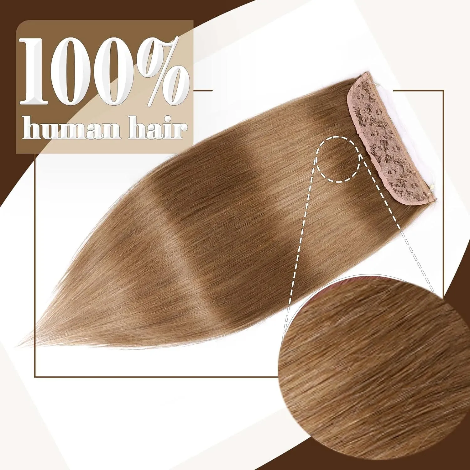 Benehair Human Hair Extensions Thick Ends Invisible Wire Real Human Hair with 2 Fish Lines Thicker Hairpieces 16 Inch 90g Chestnut Brown Hair Extensions Straight Thicker Hairpieces for Women #8