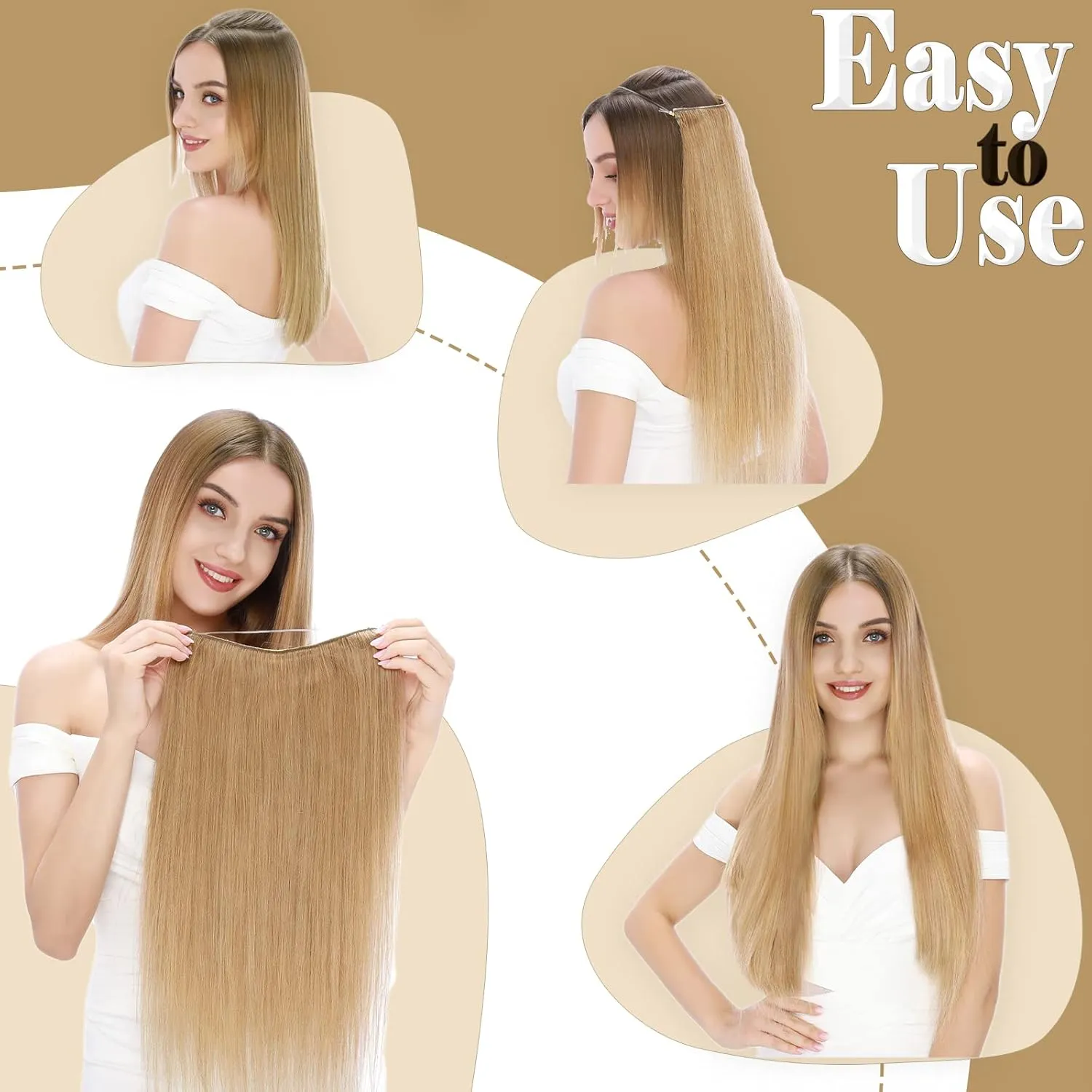 Benehair Human Hair Extensions Thick Ends Invisible Wire Real Human Hair with 2 Fish Lines Thicker Hairpieces 16 Inch 90g Chestnut Brown Hair Extensions Straight Thicker Hairpieces for Women #8