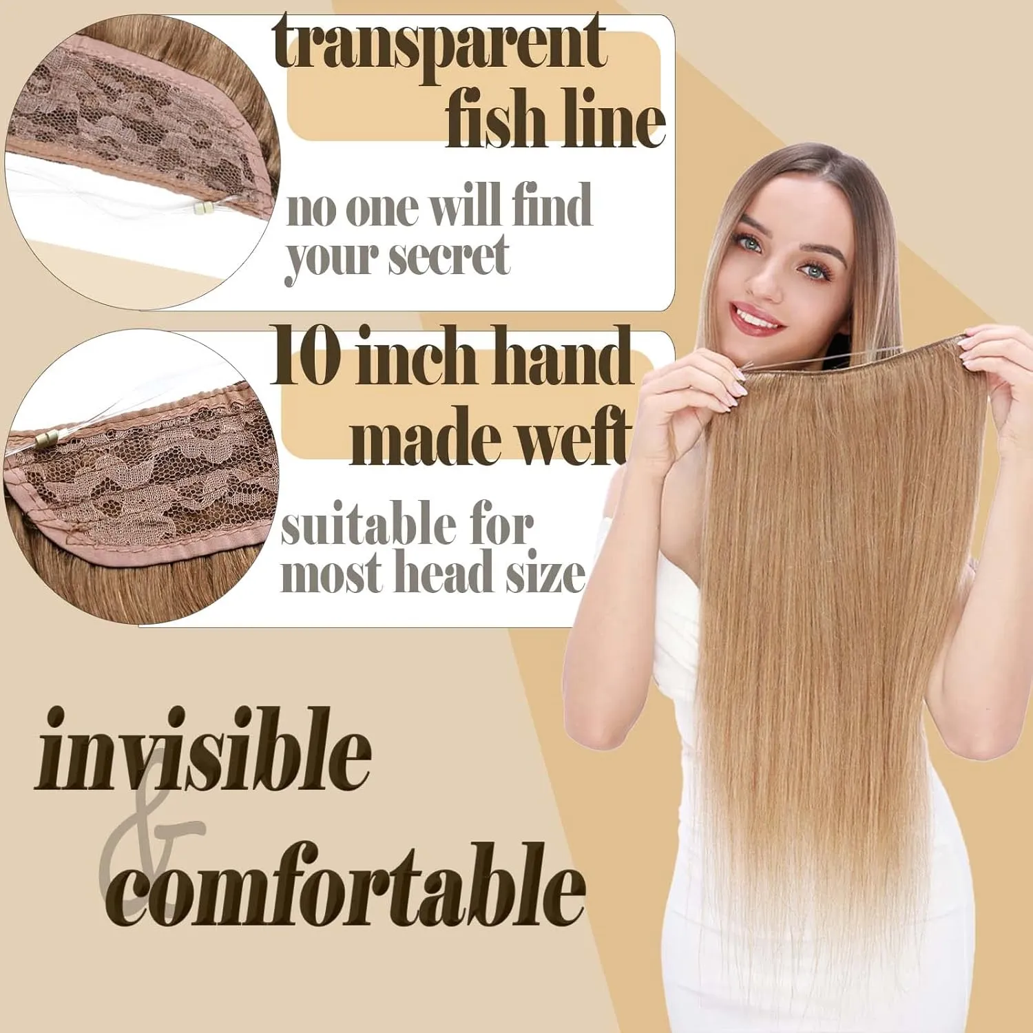 Benehair Human Hair Extensions Thick Ends Invisible Wire Real Human Hair with 2 Fish Lines Thicker Hairpieces 16 Inch 90g Chestnut Brown Hair Extensions Straight Thicker Hairpieces for Women #8