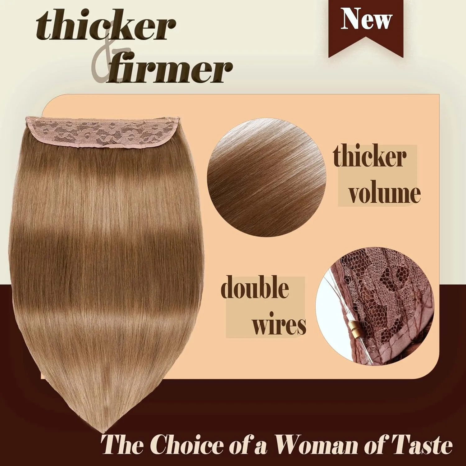 Benehair Human Hair Extensions Thick Ends Invisible Wire Real Human Hair with 2 Fish Lines Thicker Hairpieces 16 Inch 90g Chestnut Brown Hair Extensions Straight Thicker Hairpieces for Women #8