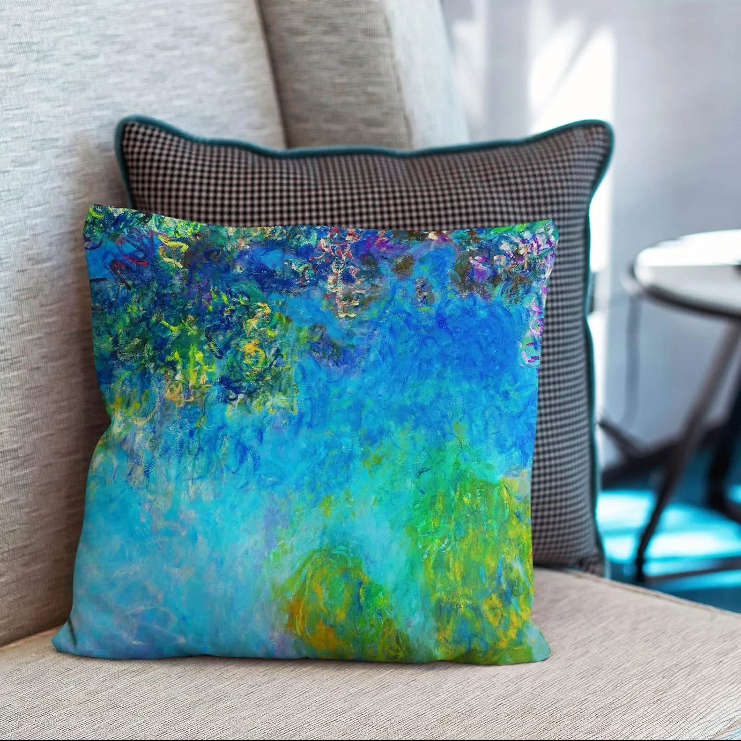 Berkin Arts Decorative Square Throw Pillow Covers Farmhouse Cushion Cases Designed of Art Flower Floral,Polyester Blend. Pack of 2, 18x18 Inch. Washable Green for Coffee (Wisteria by Claude Monet)