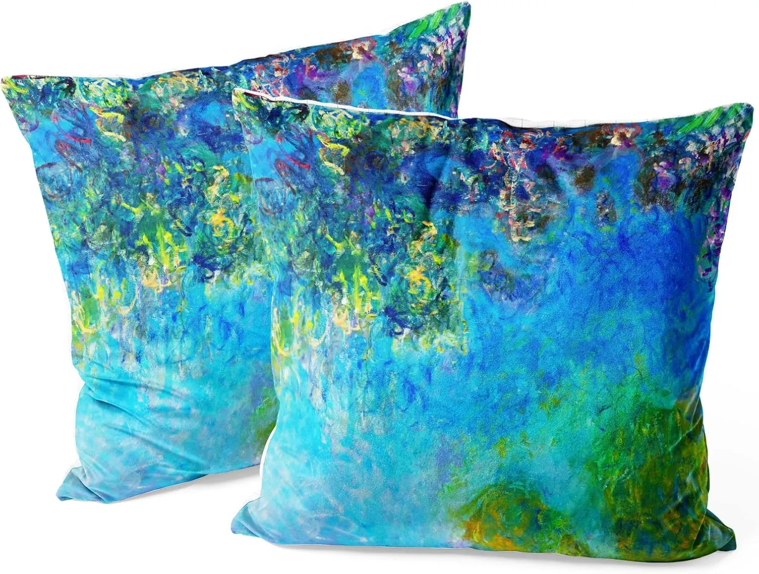 Berkin Arts Decorative Square Throw Pillow Covers Farmhouse Cushion Cases Designed of Art Flower Floral,Polyester Blend. Pack of 2, 18x18 Inch. Washable Green for Coffee (Wisteria by Claude Monet)