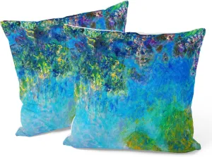 Berkin Arts Decorative Square Throw Pillow Covers Farmhouse Cushion Cases Designed of Art Flower Floral,Polyester Blend. Pack of 2, 18x18 Inch. Washable Green for Coffee (Wisteria by Claude Monet)