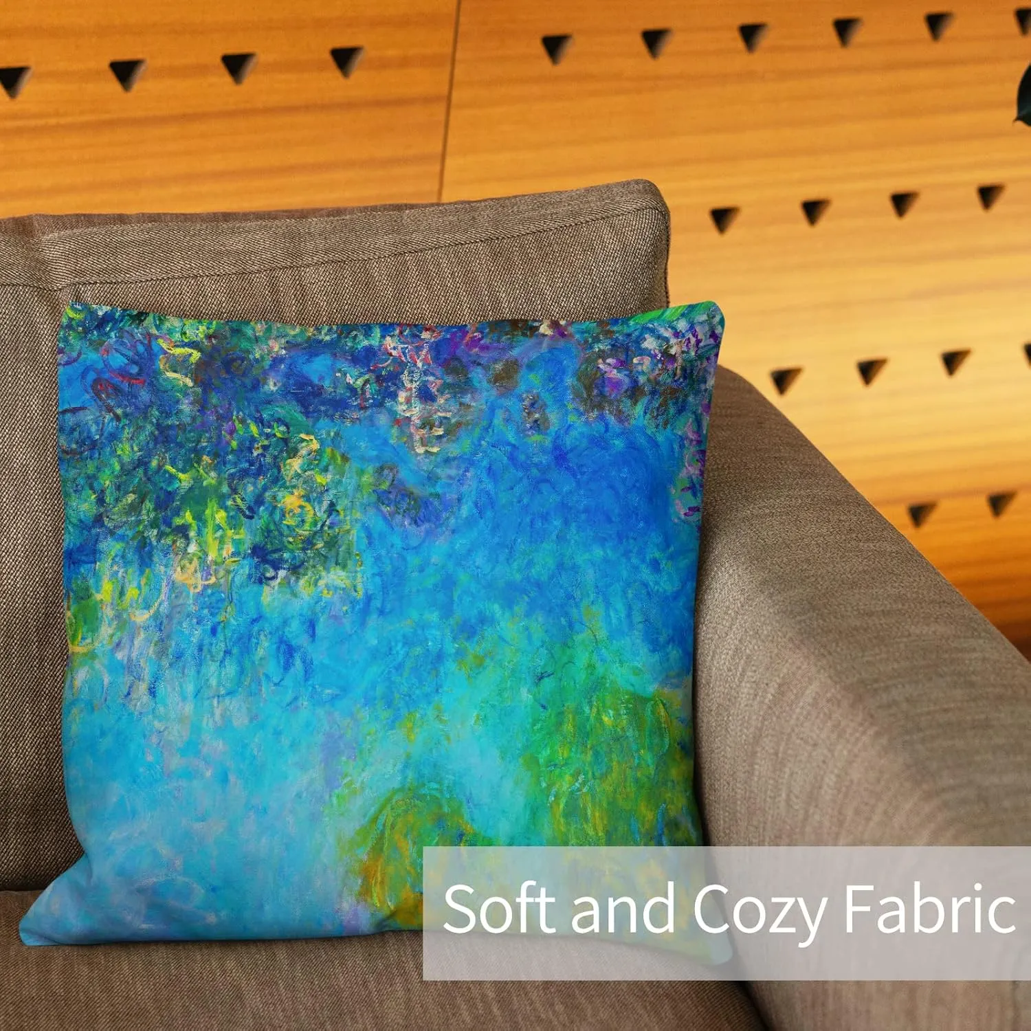 Berkin Arts Decorative Square Throw Pillow Covers Farmhouse Cushion Cases Designed of Art Flower Floral,Polyester Blend. Pack of 2, 18x18 Inch. Washable Green for Coffee (Wisteria by Claude Monet)