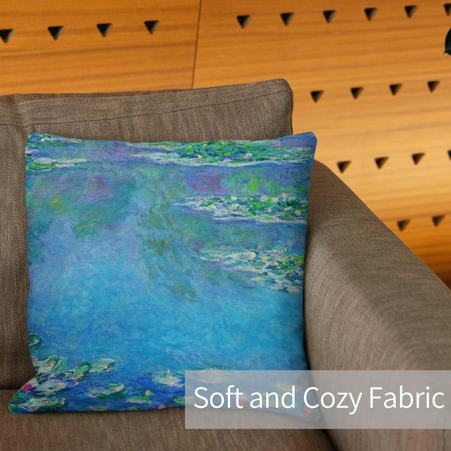 Berkin Arts Decorative Square Throw Pillow Covers Farmhouse Cushion Cases Designed of Art Landscape, Polyester Blend. Pack of 2, 18x18 Inch. Blue Green Froal for Chair (Water Lilies by Claude Monet)