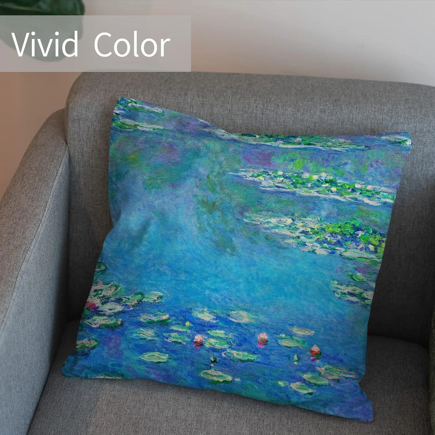 Berkin Arts Decorative Square Throw Pillow Covers Farmhouse Cushion Cases Designed of Art Landscape, Polyester Blend. Pack of 2, 18x18 Inch. Blue Green Froal for Chair (Water Lilies by Claude Monet)