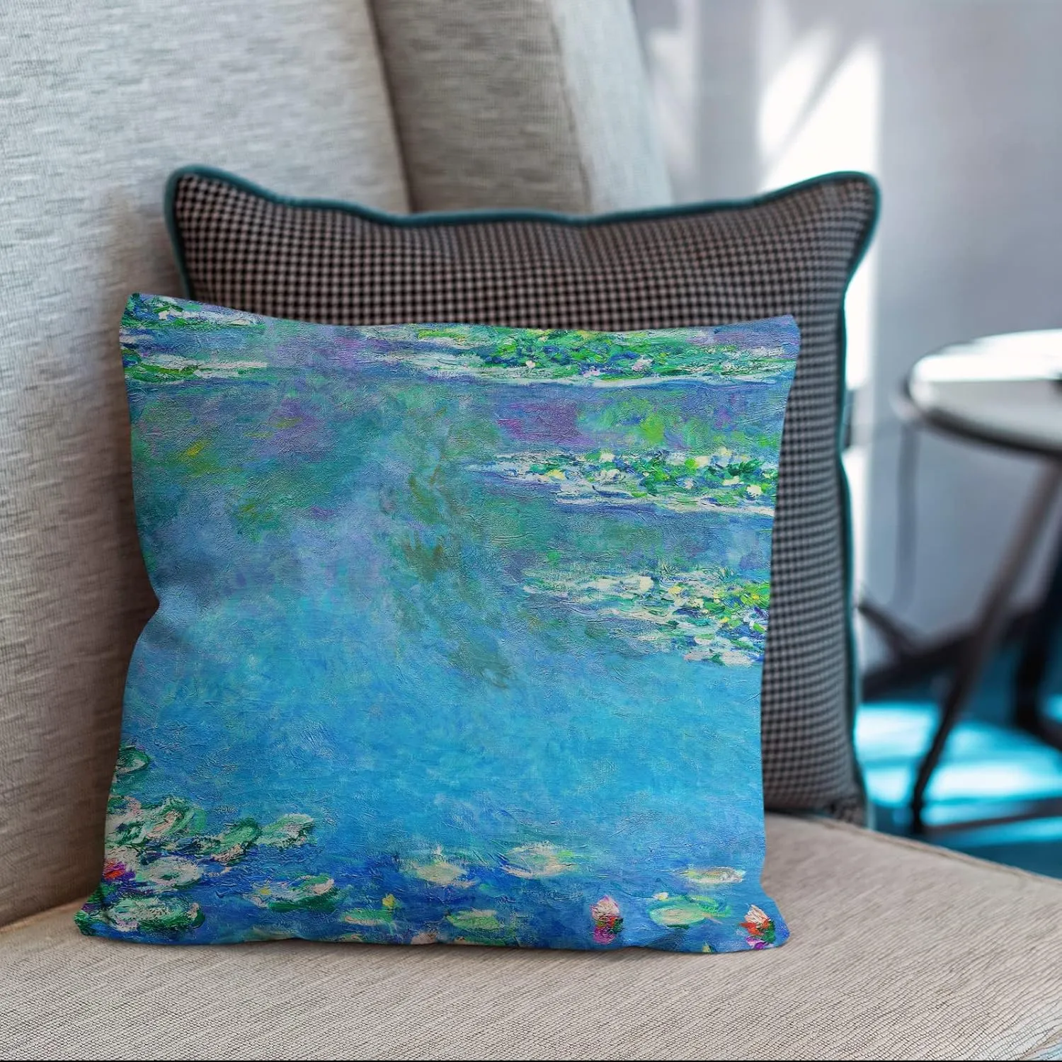 Berkin Arts Decorative Square Throw Pillow Covers Farmhouse Cushion Cases Designed of Art Landscape, Polyester Blend. Pack of 2, 18x18 Inch. Blue Green Froal for Chair (Water Lilies by Claude Monet)