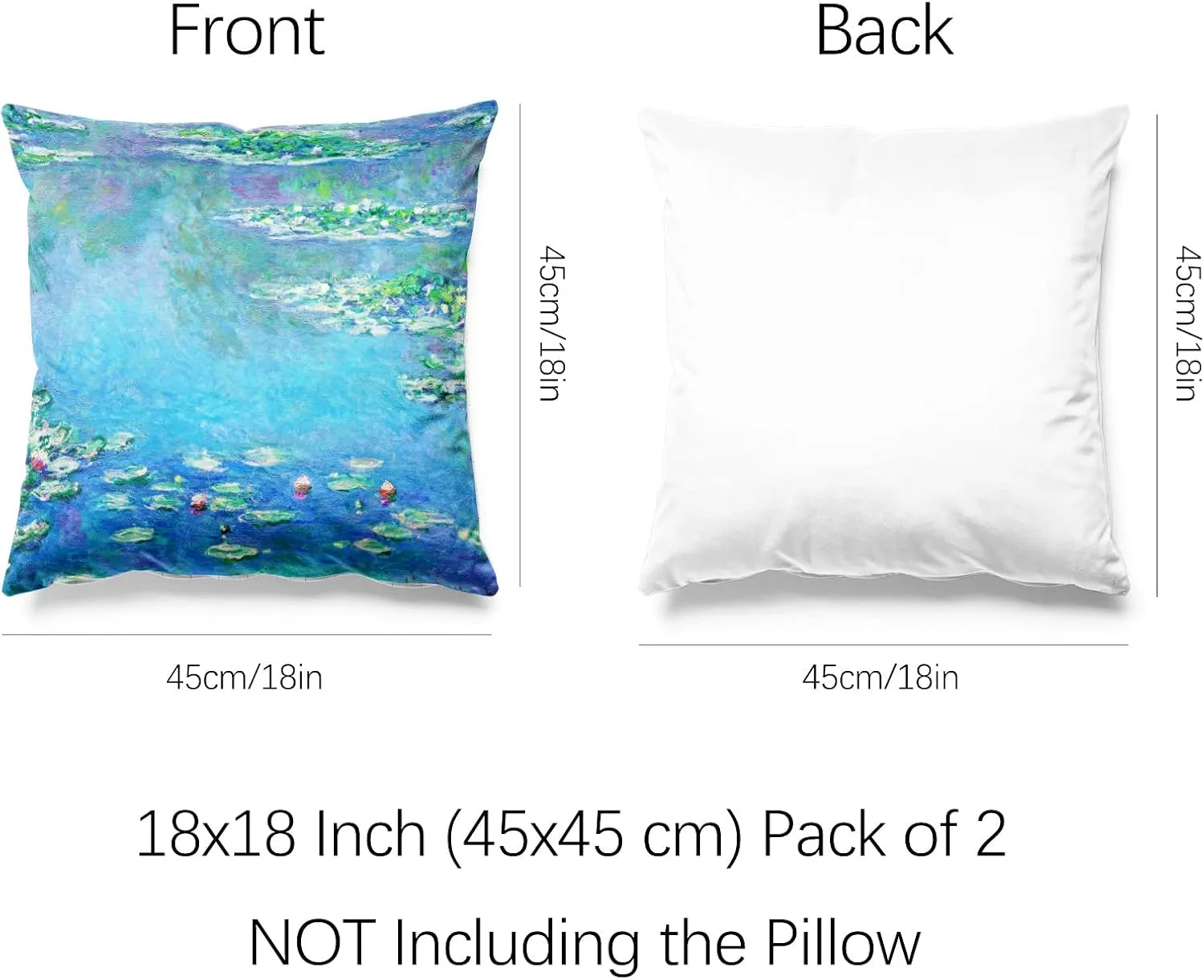 Berkin Arts Decorative Square Throw Pillow Covers Farmhouse Cushion Cases Designed of Art Landscape, Polyester Blend. Pack of 2, 18x18 Inch. Blue Green Froal for Chair (Water Lilies by Claude Monet)