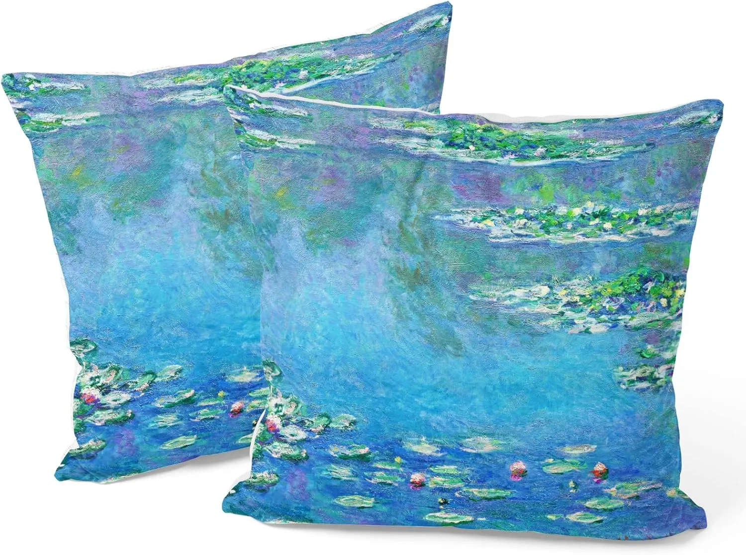 Berkin Arts Decorative Square Throw Pillow Covers Farmhouse Cushion Cases Designed of Art Landscape, Polyester Blend. Pack of 2, 18x18 Inch. Blue Green Froal for Chair (Water Lilies by Claude Monet)
