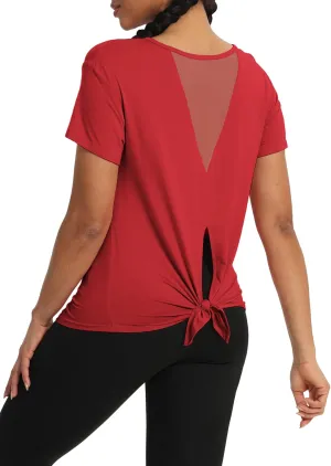 Bestisun Women Short Sleeve Workout Athletic Shirts Tie Back Sports Gym Tops Mesh Yoga Clothes