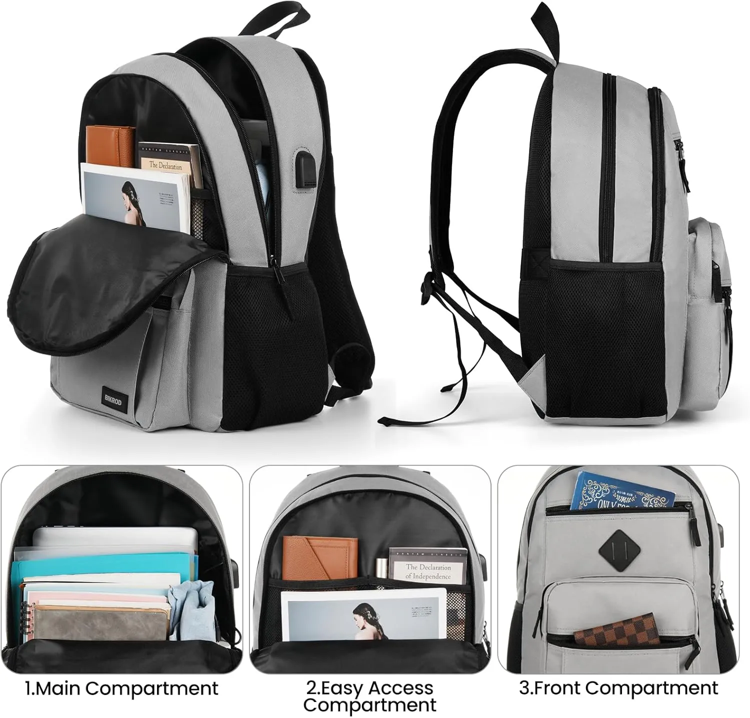 BIKROD Backpack for Men and Women, Lightweight Casual School Backpack for Teens Boys and Girls, Daily-use Travel Laptop Backpack with USB Charging Port Fits 15.6 Inch Notebook, High School Bookbag