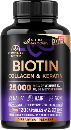 Biotin | Collagen | Keratin - Clinically Tested Supplement - Hair Growth Support, Skin & Nails - 25000 mcg Vitamins B2, B3, B6 & B7   B1 & Hyaluronic Acid - Made in USA - Women & Men | 120 Capsules