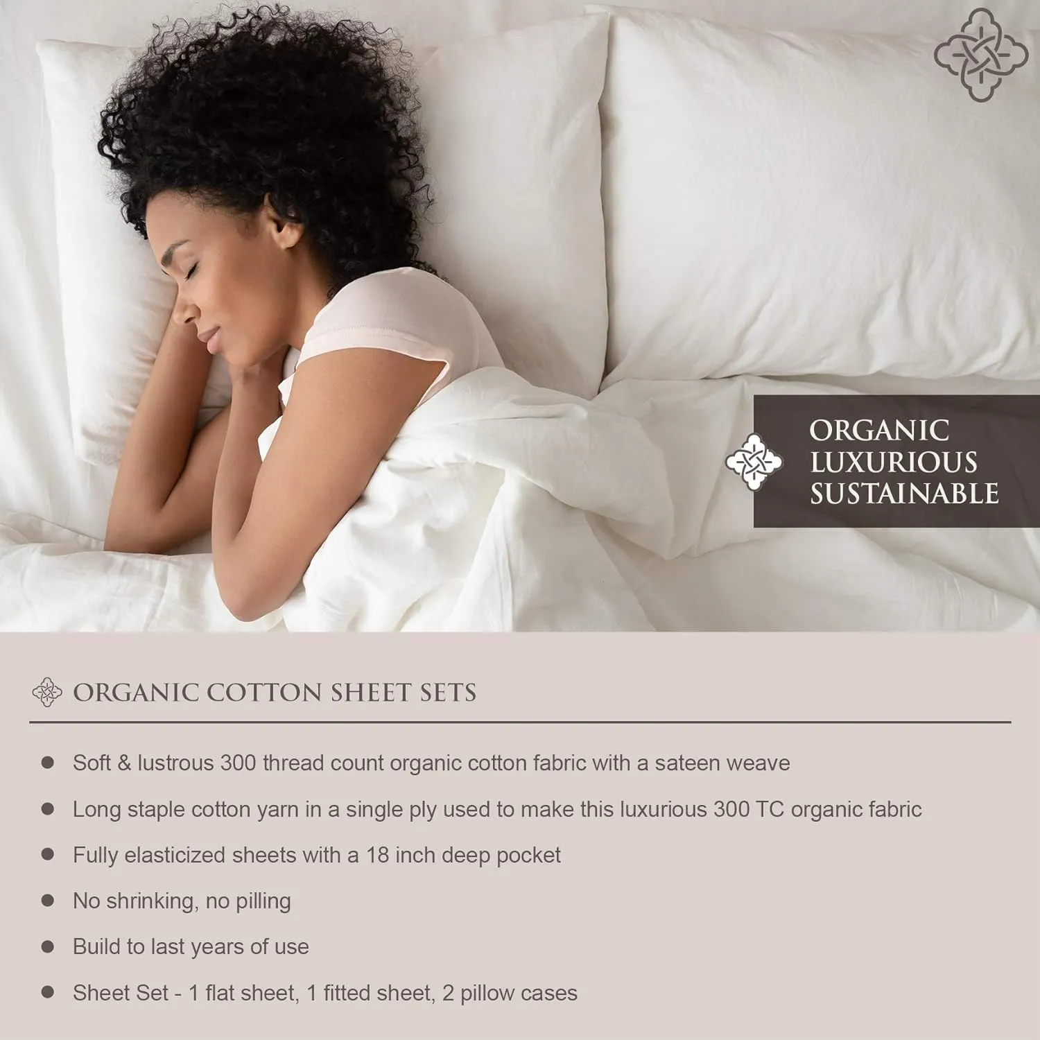 BIOWEAVES 100% Organic Cotton Sheets, 300 Thread Count 4-Piece GOTS Certified Bed Sheet Set Fits Mattress Upto 17" Deep Pocket, Soft & Silky Sateen Weave (Full, Sand)