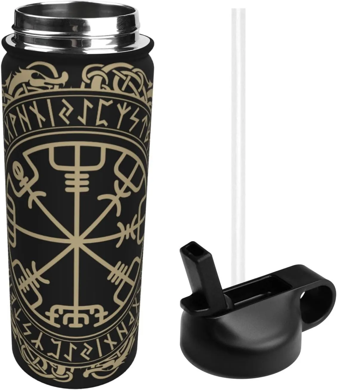 Black Celtic Viking Design Magical Runic Compass Vegvisir In The Circle Of Norse Runes And Dragons Tattoo Decorative Water Bottles Stainless Steel 18oz Outdoor Sports Insulated Kettle