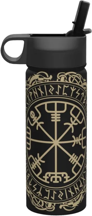 Black Celtic Viking Design Magical Runic Compass Vegvisir In The Circle Of Norse Runes And Dragons Tattoo Decorative Water Bottles Stainless Steel 18oz Outdoor Sports Insulated Kettle