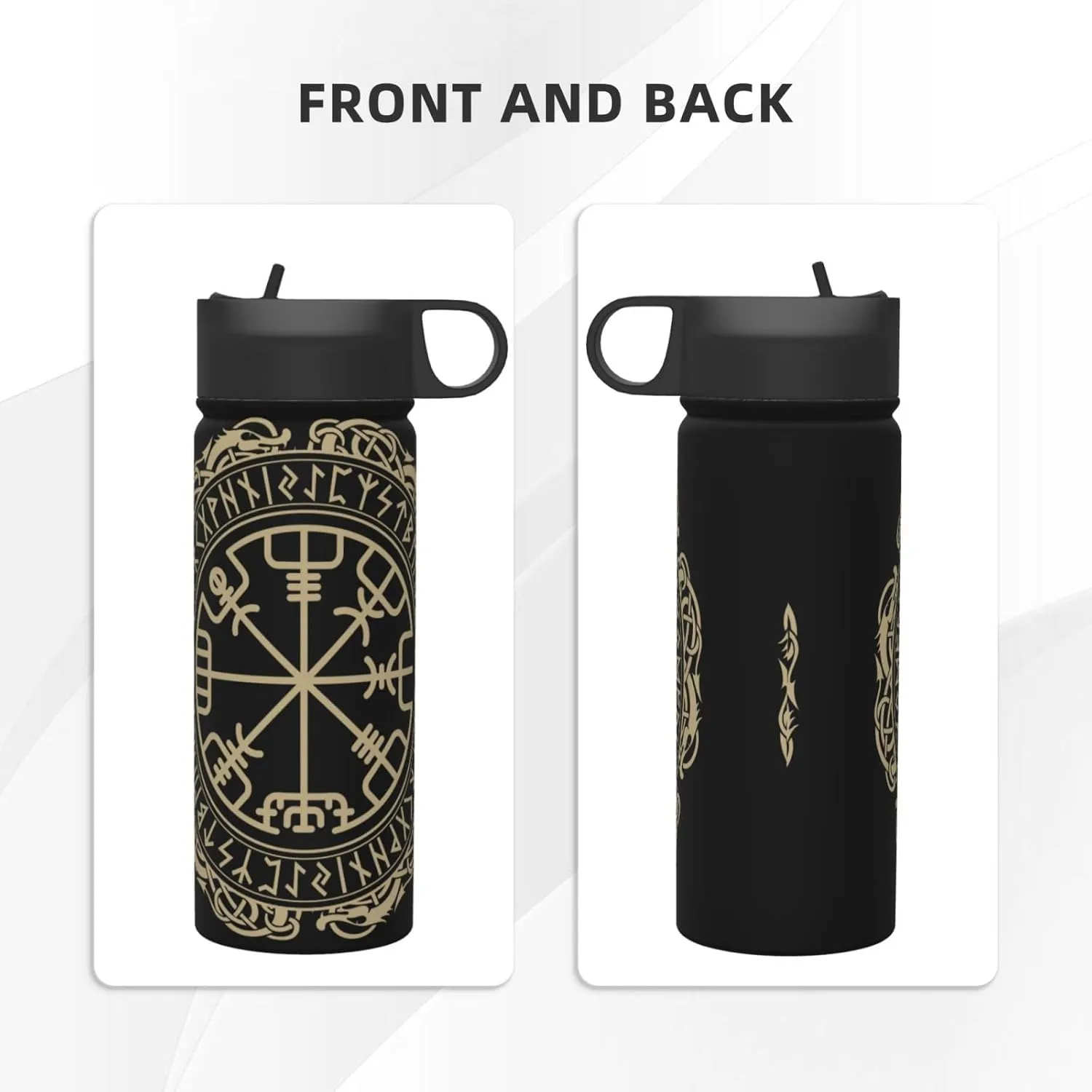 Black Celtic Viking Design Magical Runic Compass Vegvisir In The Circle Of Norse Runes And Dragons Tattoo Decorative Water Bottles Stainless Steel 18oz Outdoor Sports Insulated Kettle