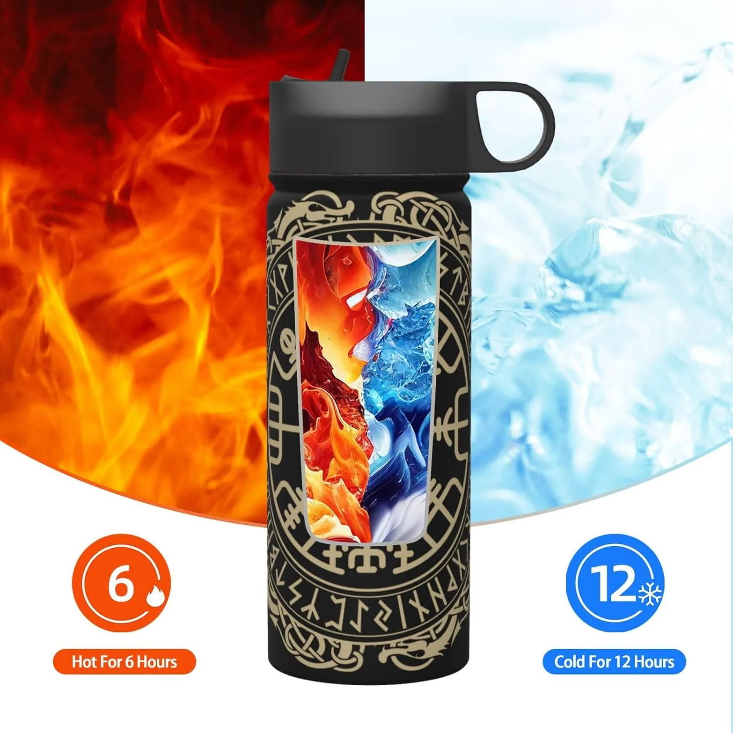 Black Celtic Viking Design Magical Runic Compass Vegvisir In The Circle Of Norse Runes And Dragons Tattoo Decorative Water Bottles Stainless Steel 18oz Outdoor Sports Insulated Kettle