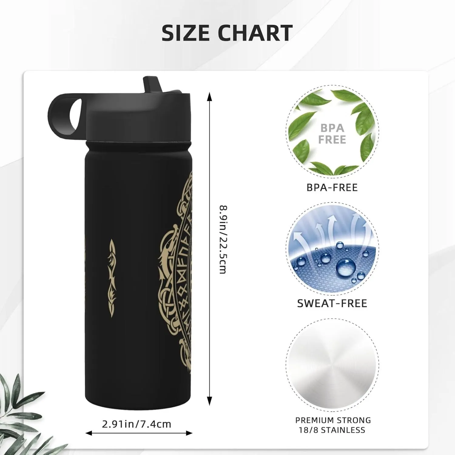 Black Celtic Viking Design Magical Runic Compass Vegvisir In The Circle Of Norse Runes And Dragons Tattoo Decorative Water Bottles Stainless Steel 18oz Outdoor Sports Insulated Kettle
