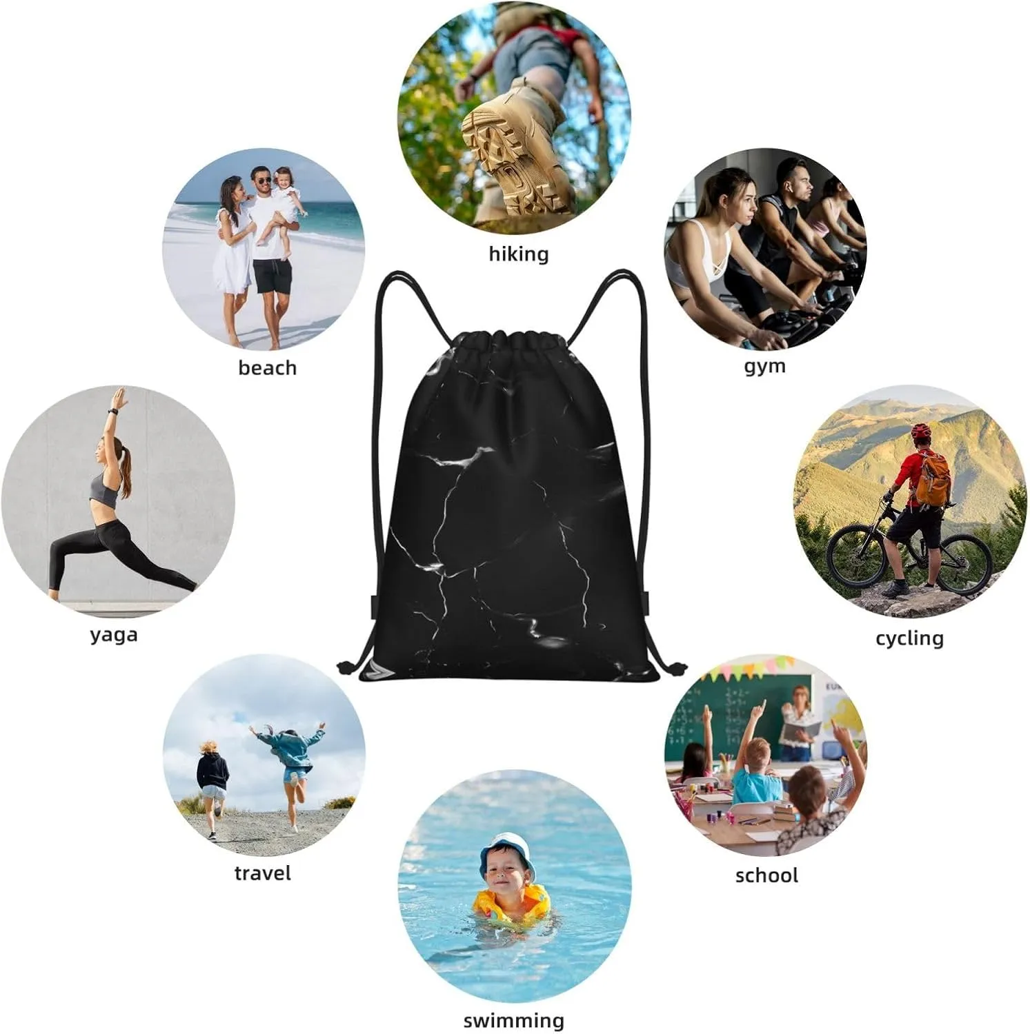 Black Marble Waterproof Drawstring Gym Backpack Bag For Men&Women,Sport Gym Sack Travel Daypack,Personalized