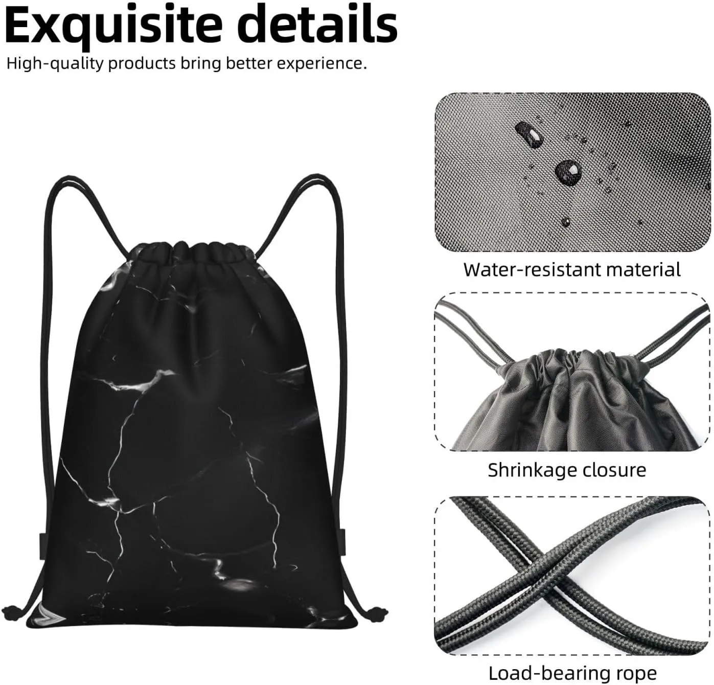Black Marble Waterproof Drawstring Gym Backpack Bag For Men&Women,Sport Gym Sack Travel Daypack,Personalized
