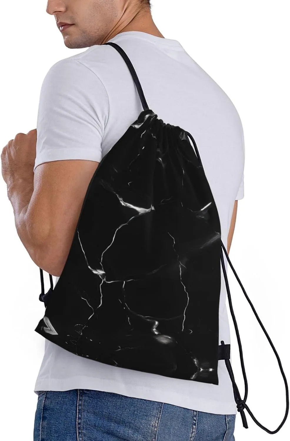 Black Marble Waterproof Drawstring Gym Backpack Bag For Men&Women,Sport Gym Sack Travel Daypack,Personalized