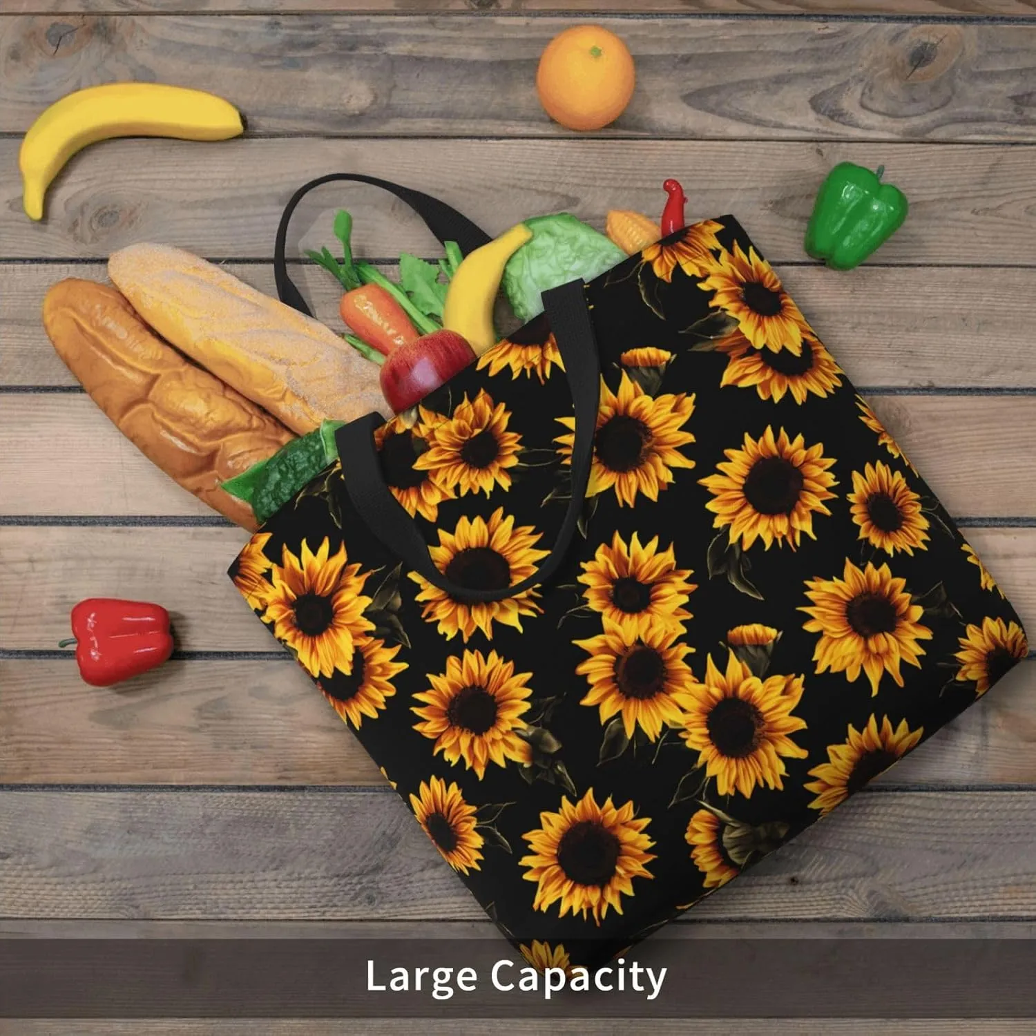 Black Sunflowers Tote Bag for Women, Reusable Grocery Shopping Tote Bags with Zipper, Casual Shoulder Bag Handbags