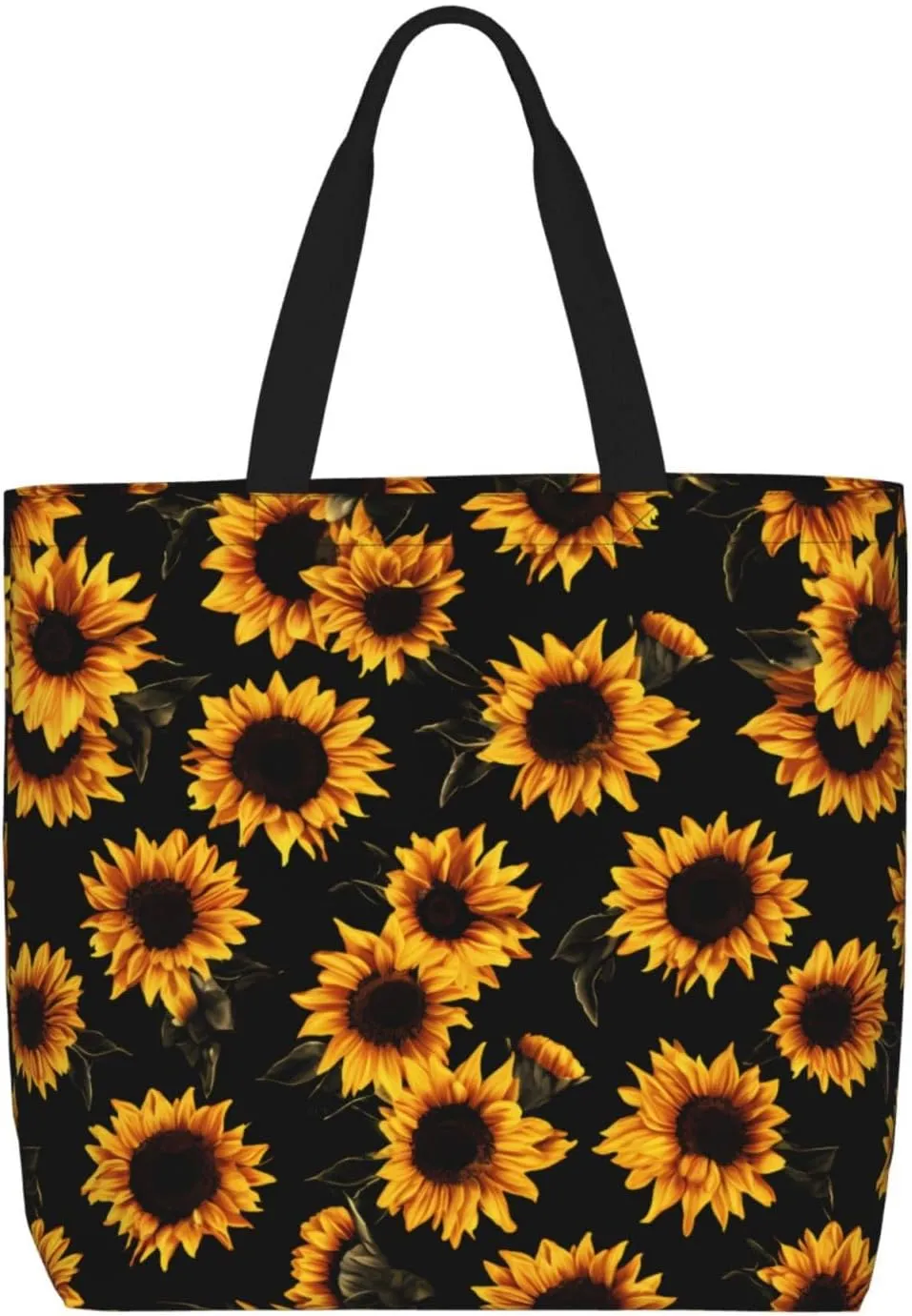 Black Sunflowers Tote Bag for Women, Reusable Grocery Shopping Tote Bags with Zipper, Casual Shoulder Bag Handbags