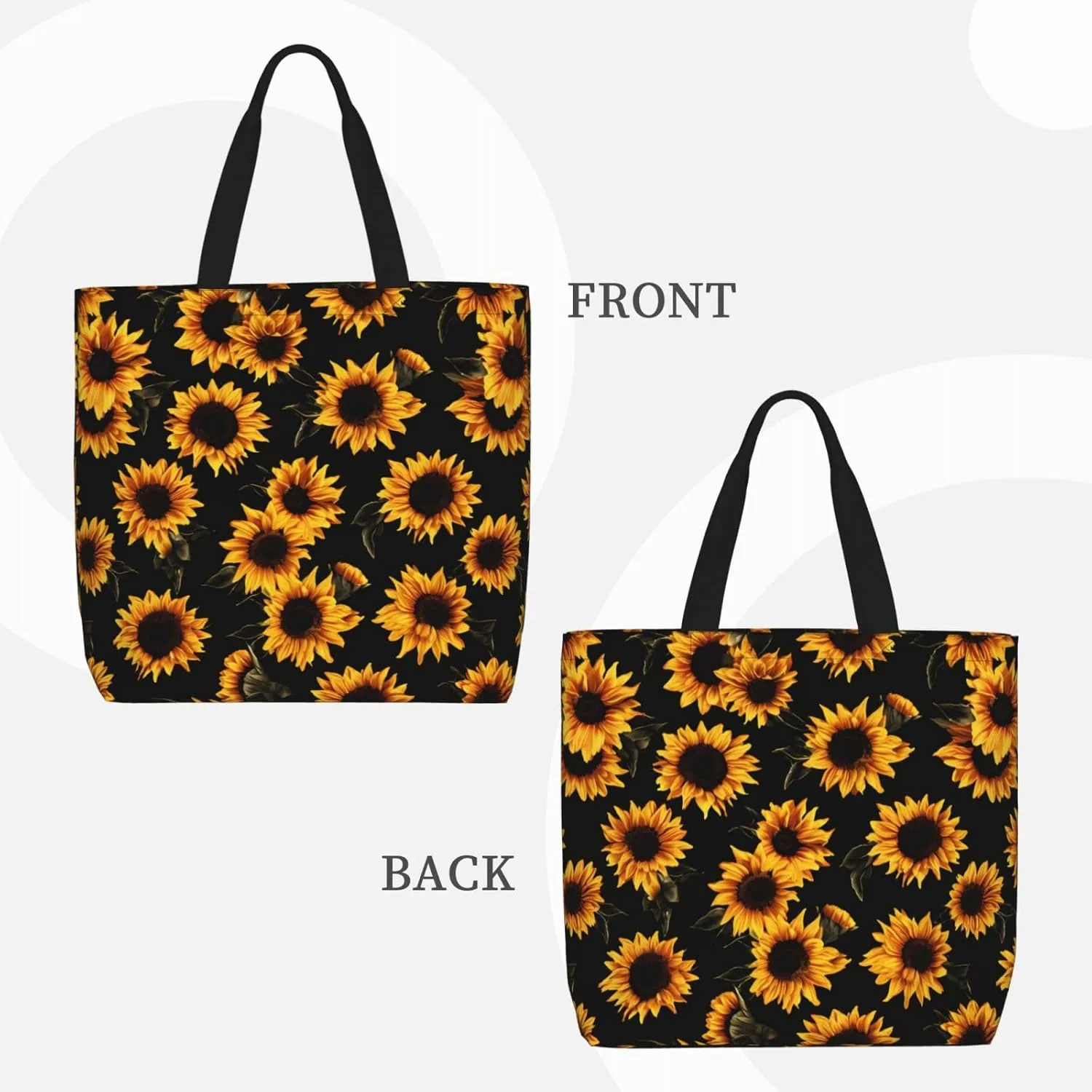 Black Sunflowers Tote Bag for Women, Reusable Grocery Shopping Tote Bags with Zipper, Casual Shoulder Bag Handbags