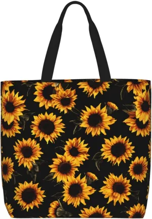 Black Sunflowers Tote Bag for Women, Reusable Grocery Shopping Tote Bags with Zipper, Casual Shoulder Bag Handbags
