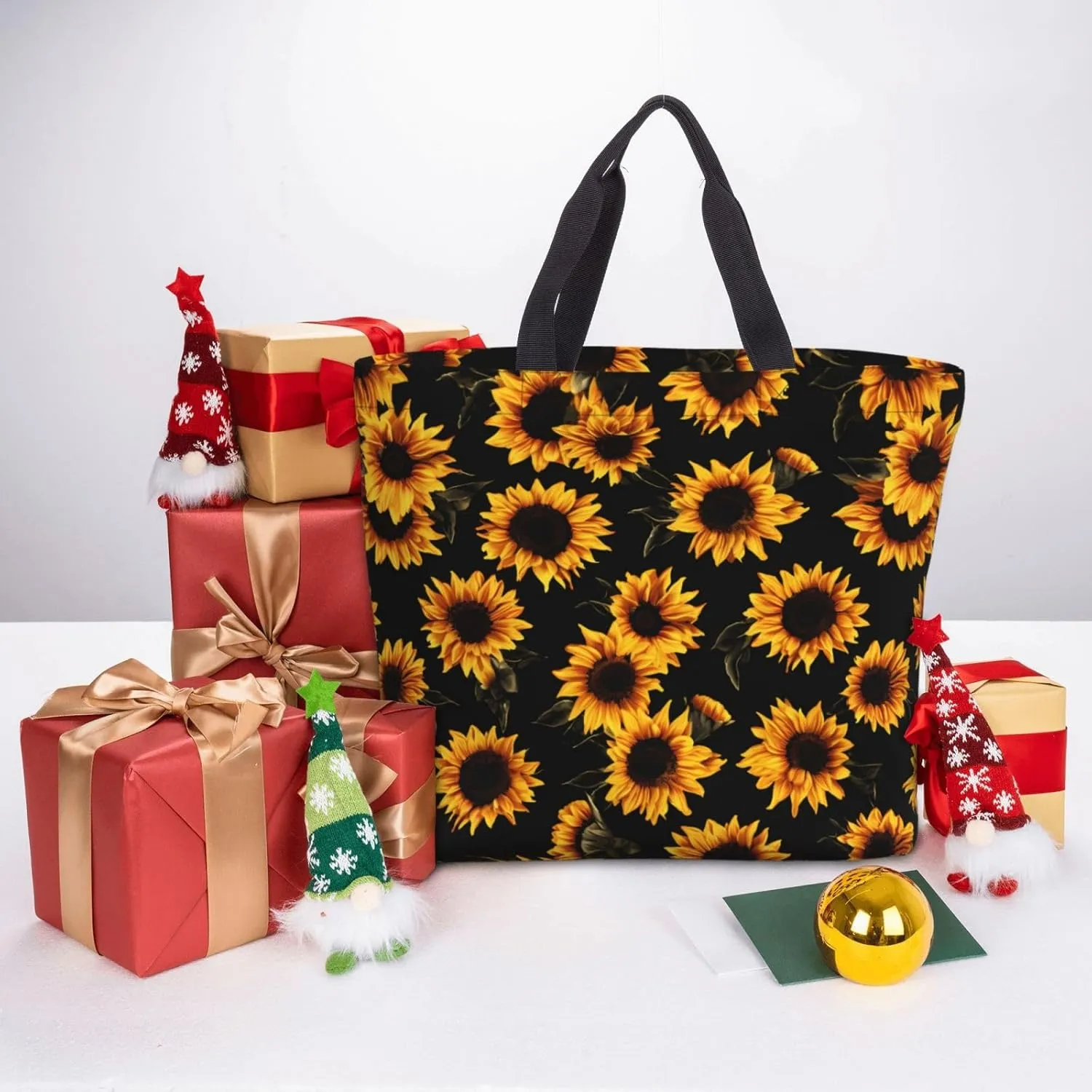 Black Sunflowers Tote Bag for Women, Reusable Grocery Shopping Tote Bags with Zipper, Casual Shoulder Bag Handbags