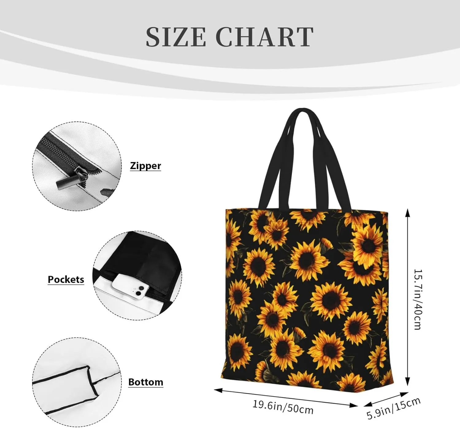 Black Sunflowers Tote Bag for Women, Reusable Grocery Shopping Tote Bags with Zipper, Casual Shoulder Bag Handbags