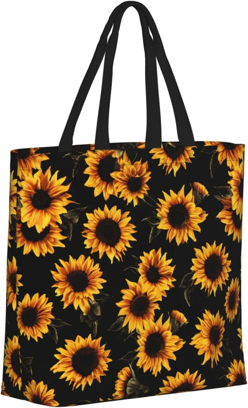 Black Sunflowers Tote Bag for Women, Reusable Grocery Shopping Tote Bags with Zipper, Casual Shoulder Bag Handbags
