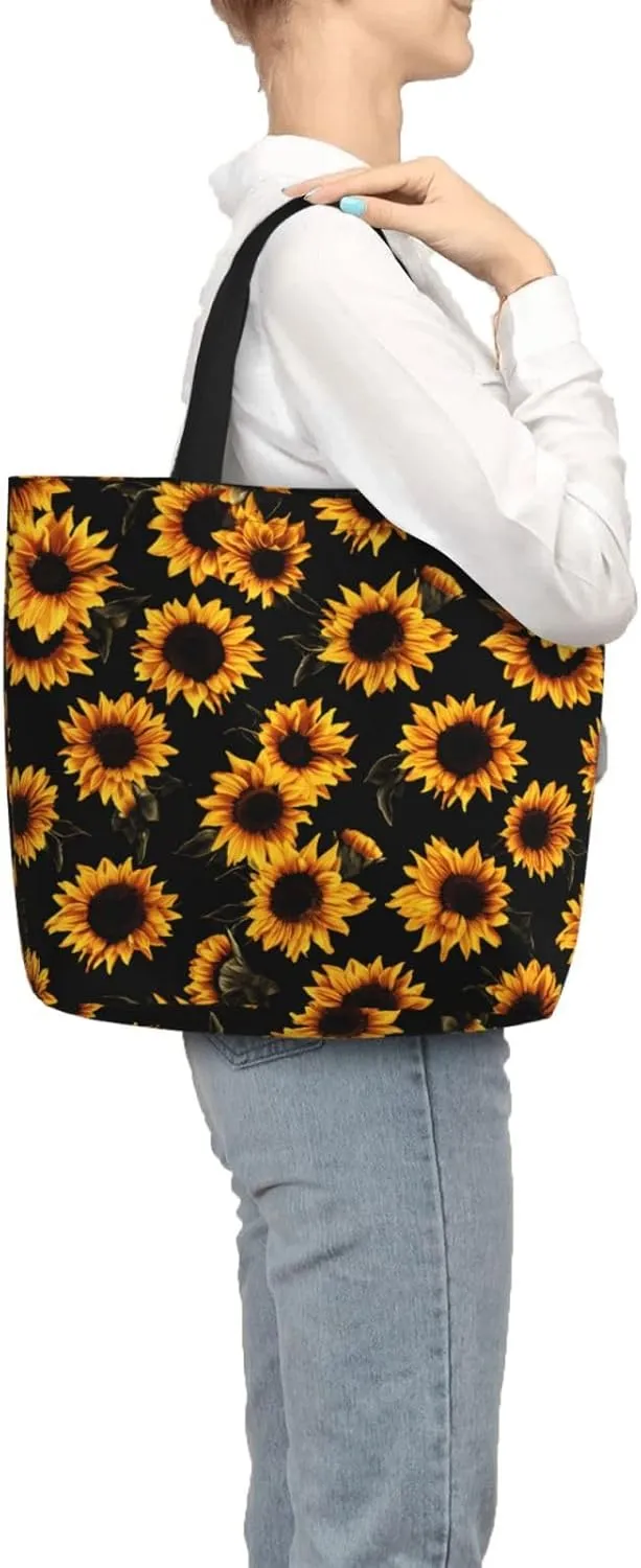 Black Sunflowers Tote Bag for Women, Reusable Grocery Shopping Tote Bags with Zipper, Casual Shoulder Bag Handbags